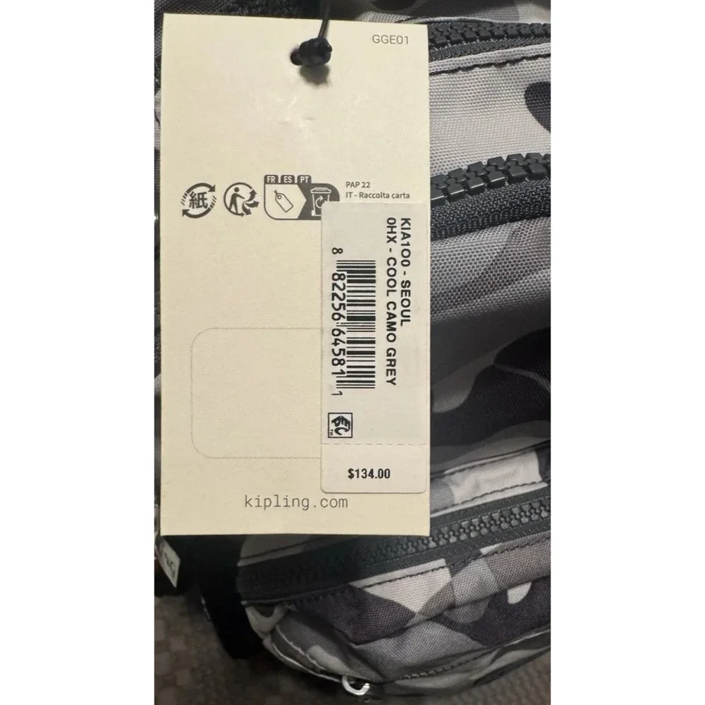 Kipling Seoul Laptop Backpack Grey Camo Tonal NWT! MSRP $134